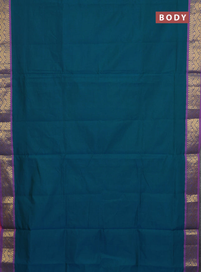 10 Yards poly cotton saree teal green and mauve pink with plain body and zari woven border