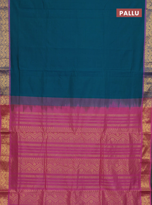 10 Yards poly cotton saree teal green and mauve pink with plain body and zari woven border