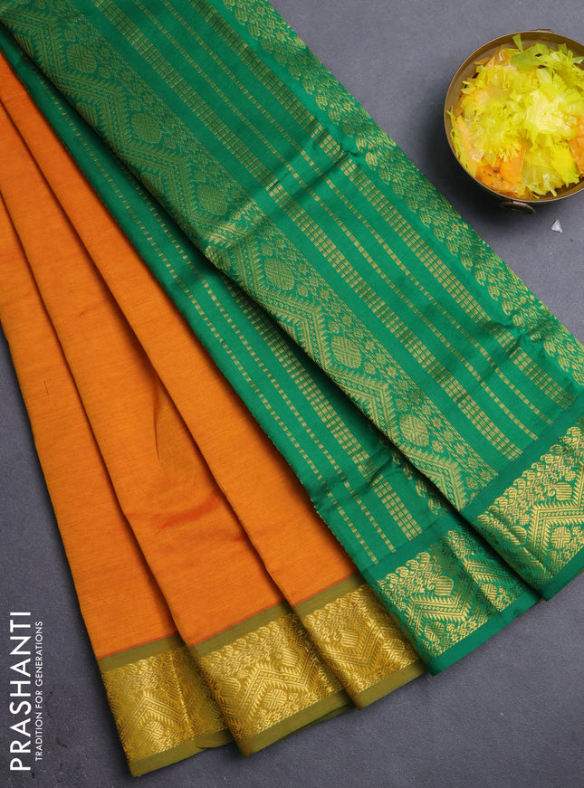 10 Yards poly cotton saree sunset orange and green with plain body and zari woven border
