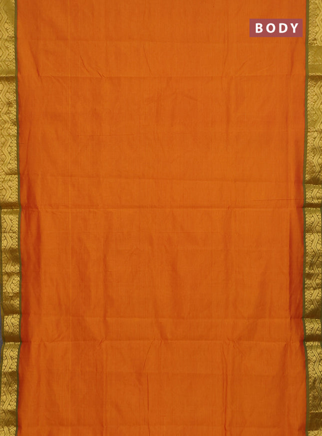 10 Yards poly cotton saree sunset orange and green with plain body and zari woven border
