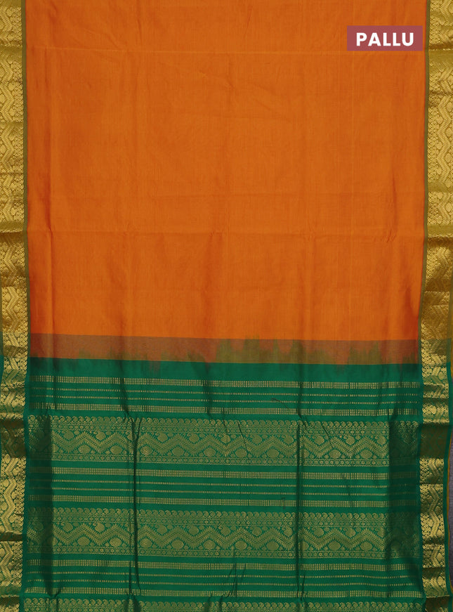 10 Yards poly cotton saree sunset orange and green with plain body and zari woven border