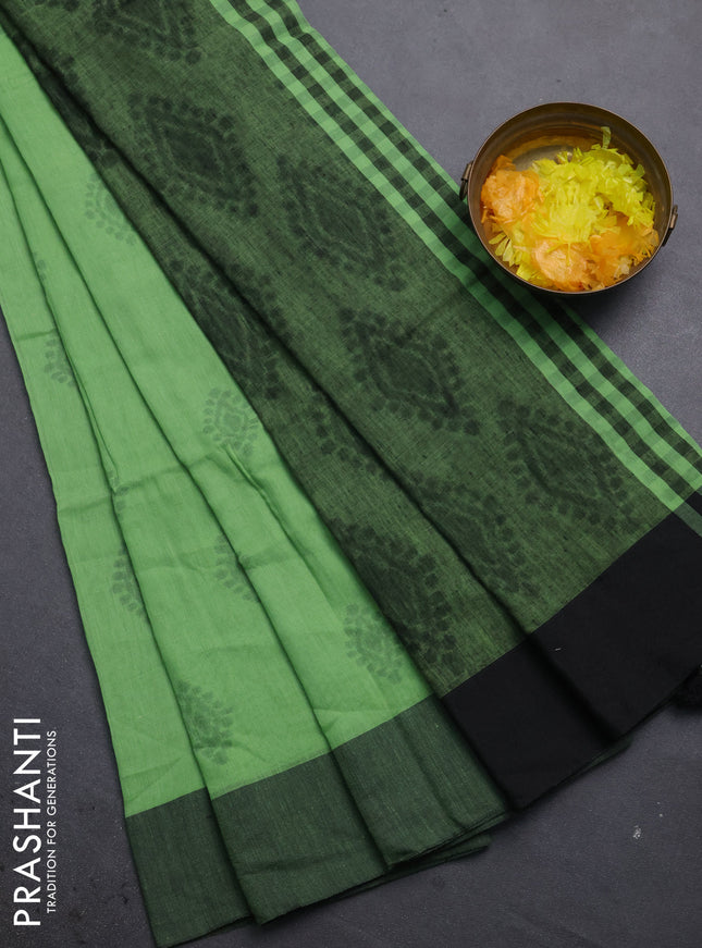 Bengal soft cotton saree pista green and black with allover butta weaves and simple border