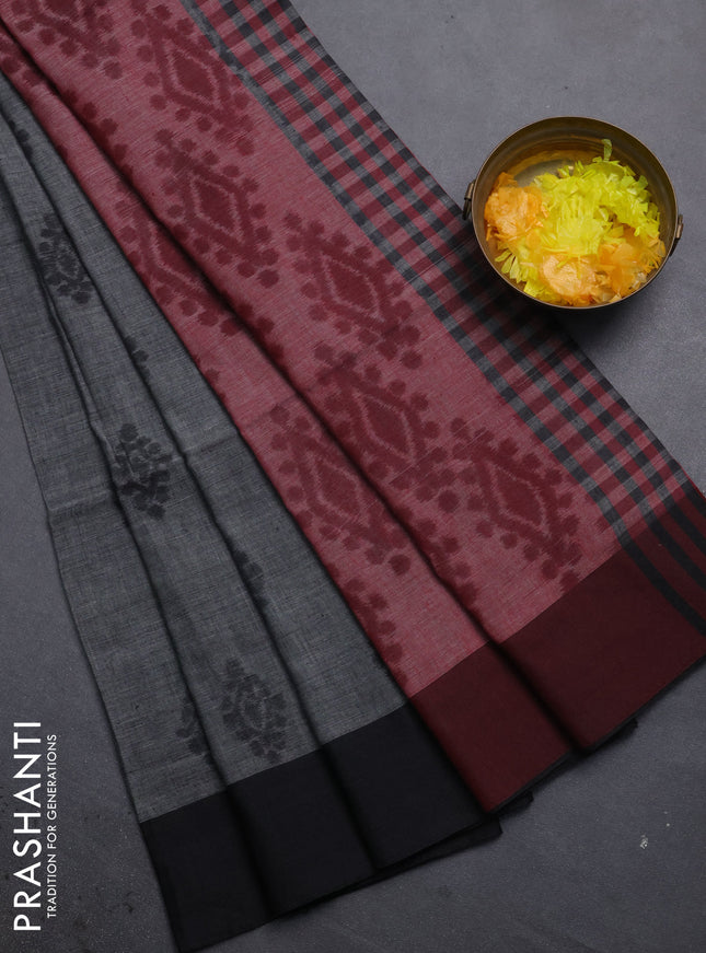 Bengal soft cotton saree grey and maroon with allover butta weaves and simple border
