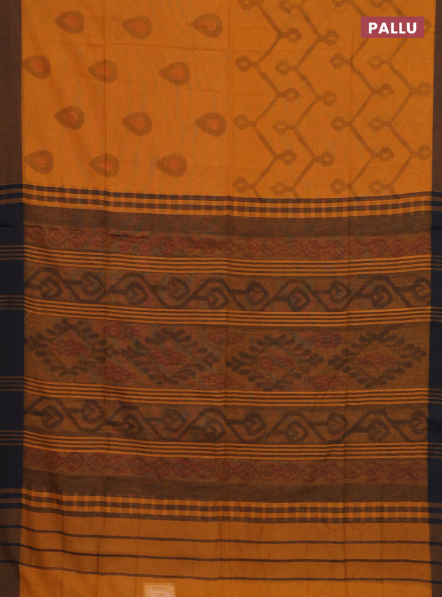 Bengal soft cotton saree dark mustard and black with allover butta weaves and simple border