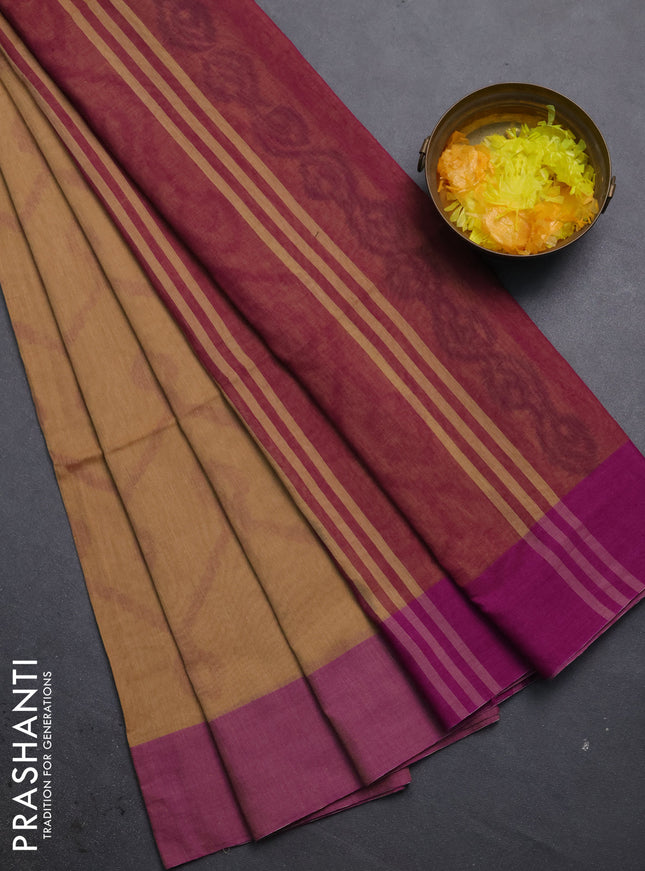 Bengal soft cotton saree sandal and purple with allover butta weaves and simple border
