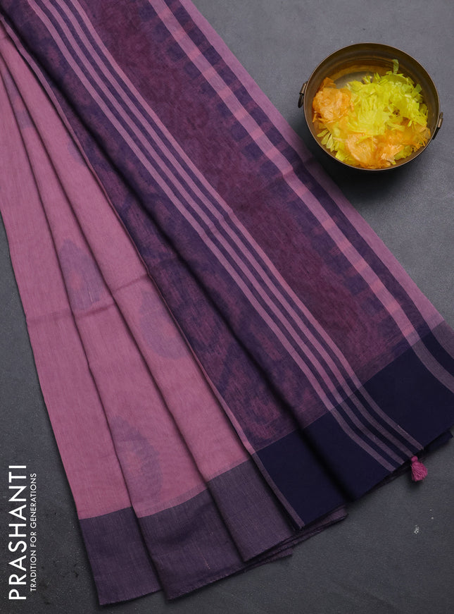 Bengal soft cotton saree mauve pink and blue with allover butta weaves and simple border