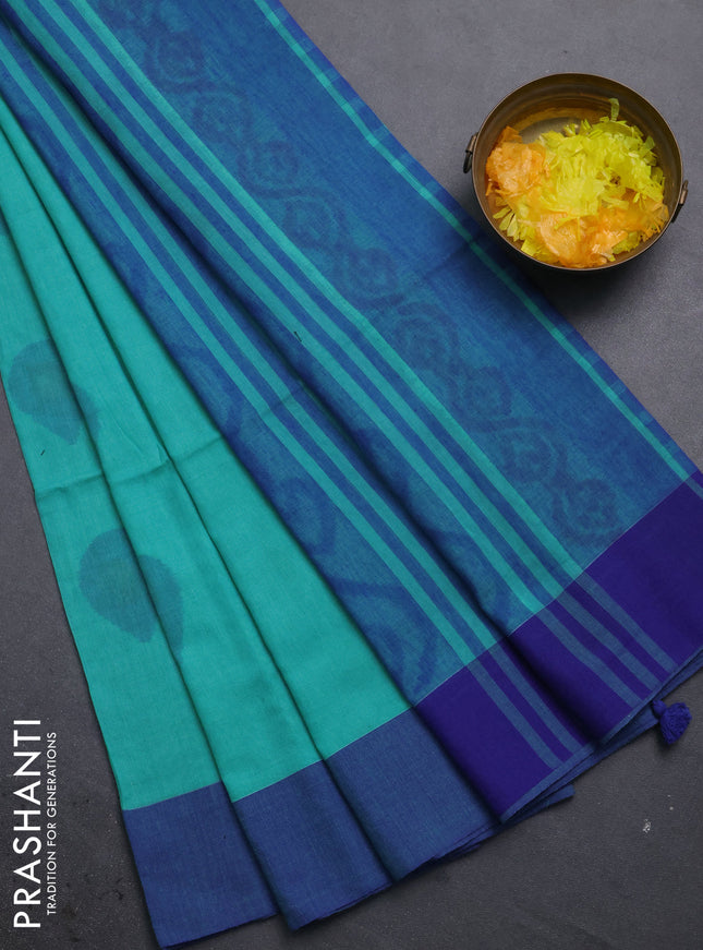 Bengal soft cotton saree teal green and blue with allover butta weaves and simple border