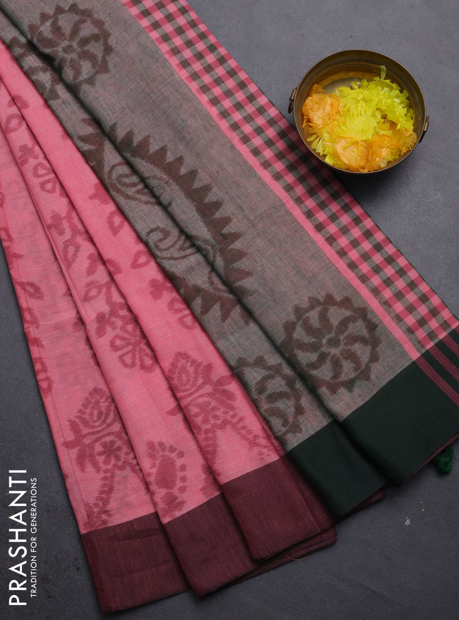 Bengal soft cotton saree peach pink and green with allover weaves and simple border