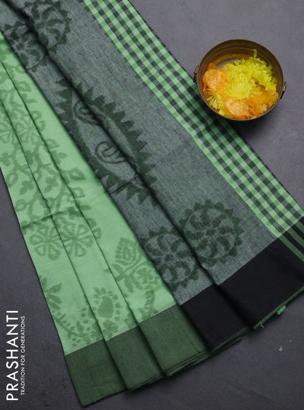 Bengal soft cotton saree pista green and black with allover weaves and simple border