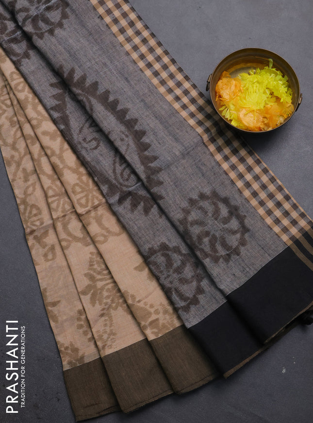 Bengal soft cotton saree sandal and grey with allover weaves and simple border