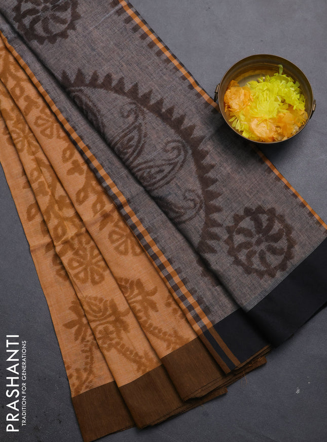 Bengal soft cotton saree dark mustard and grey with allover weaves and simple border