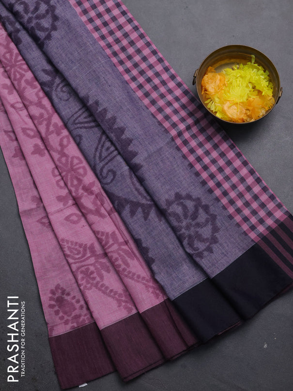 Bengal soft cotton saree pastel pink and grey with allover weaves and simple border