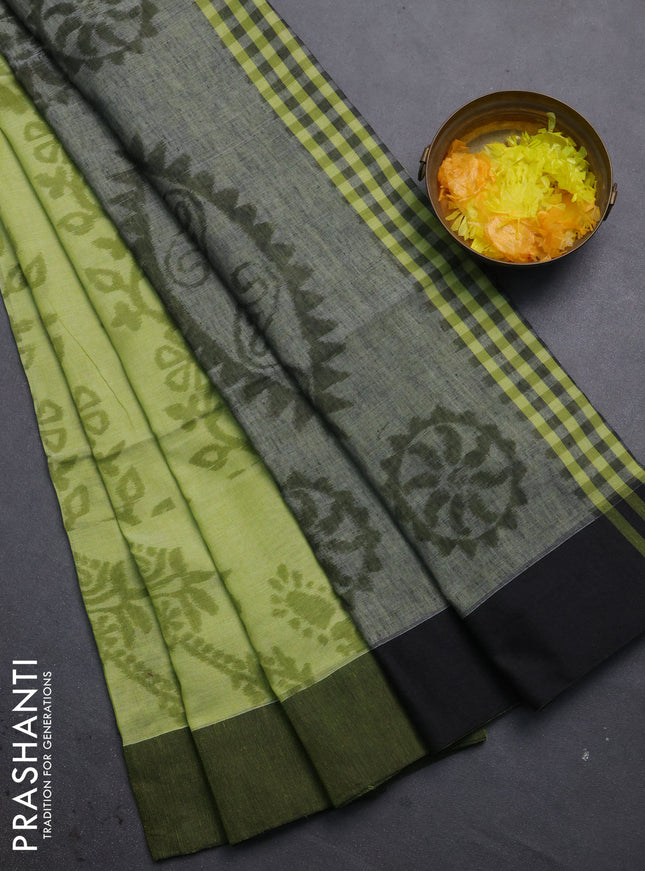 Bengal soft cotton saree light green and grey with allover weaves and simple border