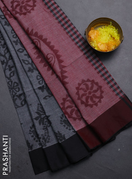 Bengal soft cotton saree grey and maroon with allover weaves and simple border