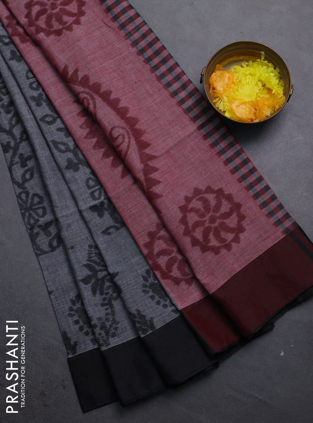 Bengal soft cotton saree grey and maroon with allover weaves and simple border