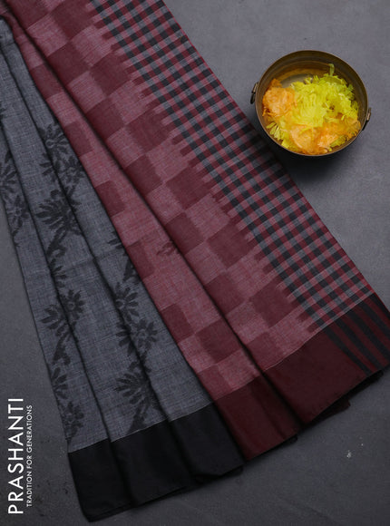 Bengal soft cotton saree grey and maroon with allover weaves and simple border