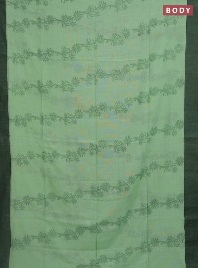 Bengal soft cotton saree pista green and black with allover weaves and simple border