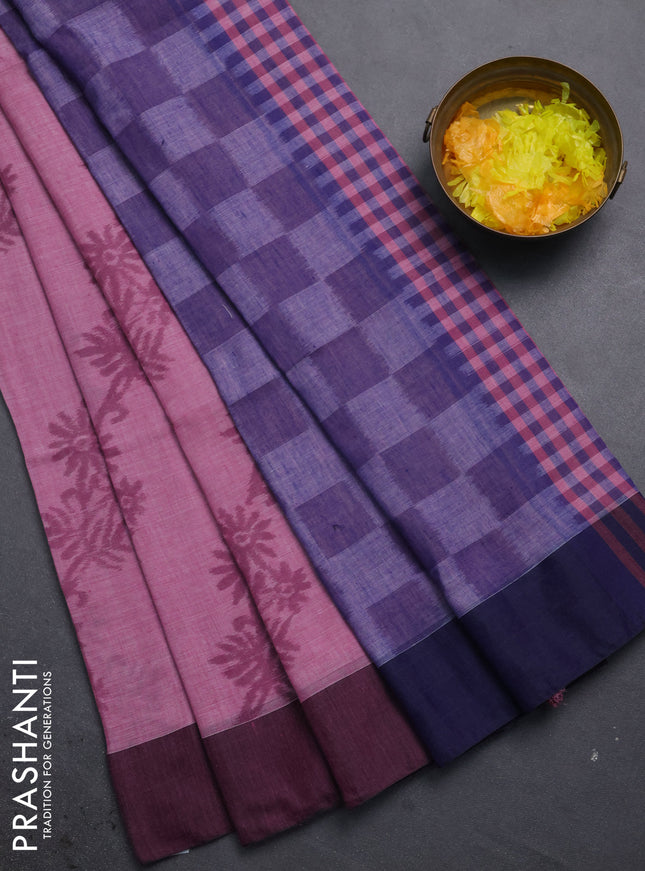Bengal soft cotton saree mavue pink and navy blue with allover weaves and simple border