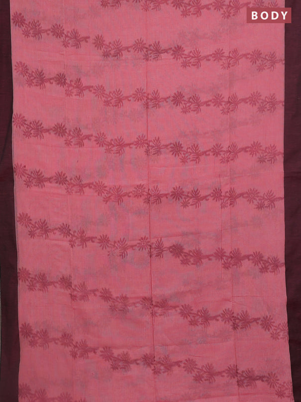 Bengal soft cotton saree peach pink and green with allover weaves and simple border