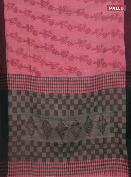 Bengal soft cotton saree peach pink and green with allover weaves and simple border