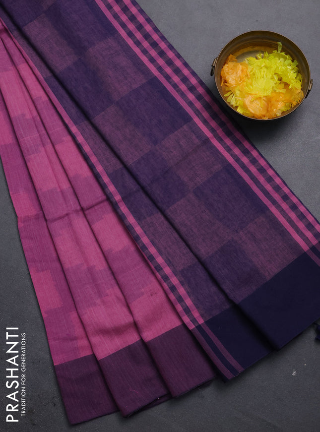 Bengal soft cotton saree mavue pink and navy blue with allover weaves and simple border