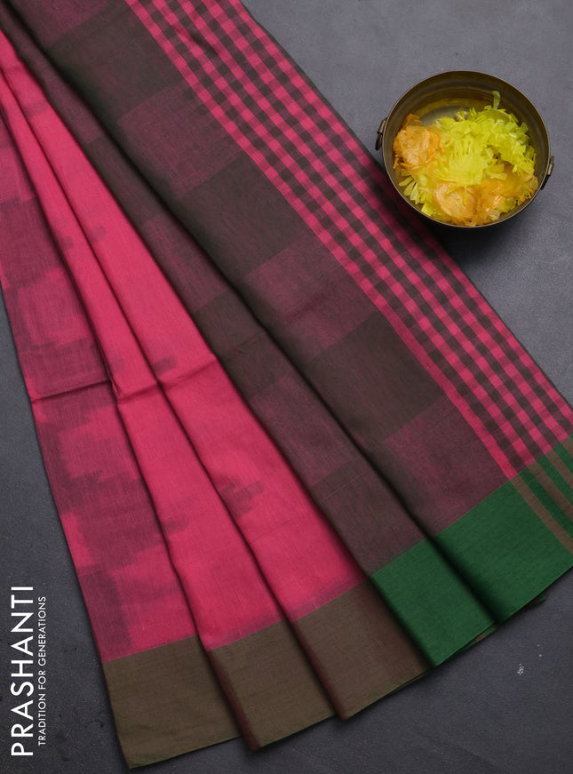 Bengal soft cotton saree peach pink and green with allover weaves and simple border