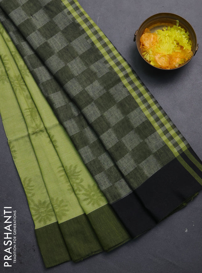 Bengal soft cotton saree light green and black with allover weaves and simple border