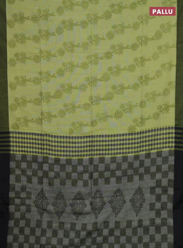 Bengal soft cotton saree light green and black with allover weaves and simple border
