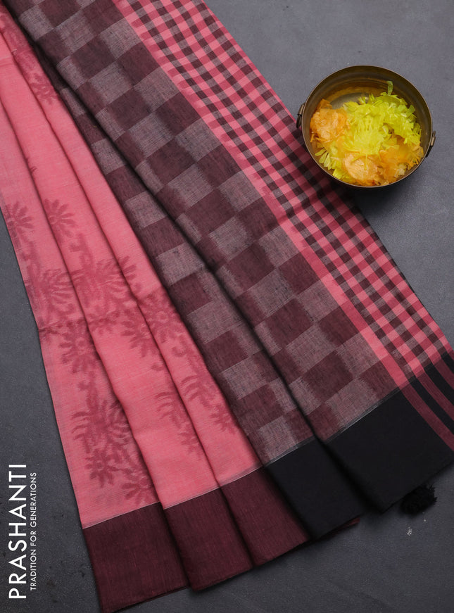 Bengal soft cotton saree peach pink and black with allover weaves and simple border