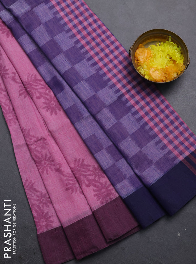 Bengal soft cotton saree mavue pink and blue with allover weaves and simple border