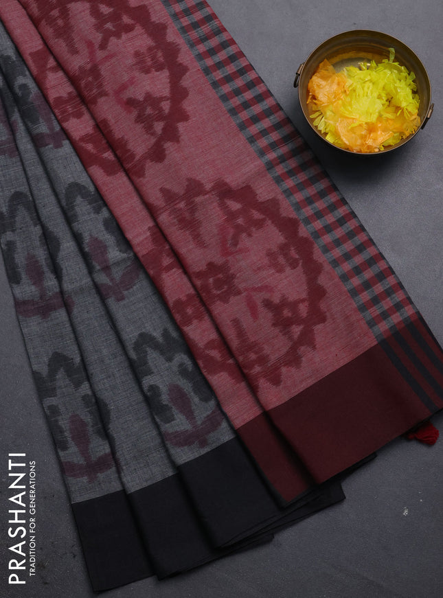 Bengal soft cotton saree grey and maroon with allover butta weaves and simple border