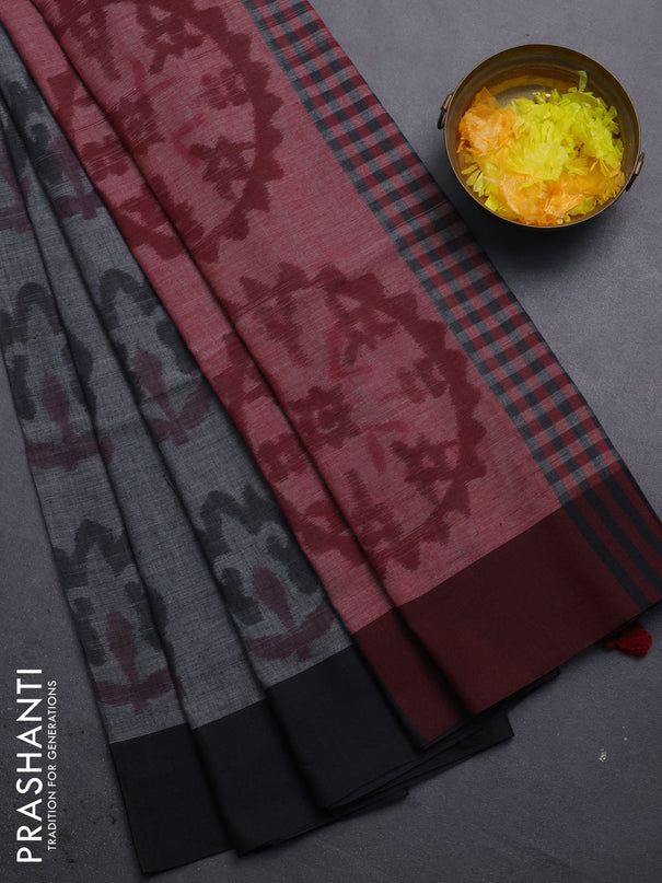 Bengal soft cotton saree grey and maroon with allover butta weaves and simple border