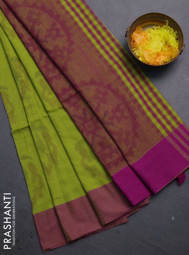 Bengal soft cotton saree light green and purple with allover butta weaves and simple border