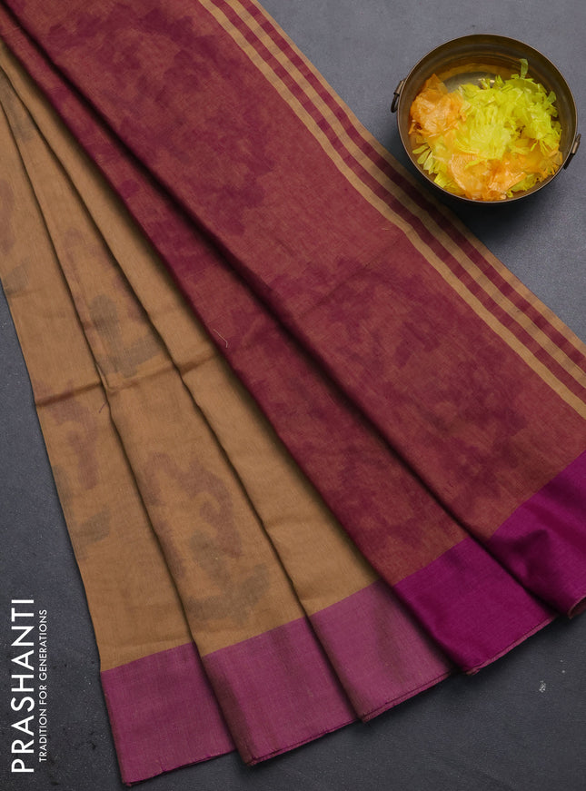 Bengal soft cotton saree sandal and purple with allover butta weaves and simple border