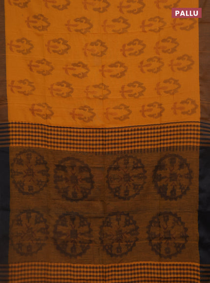 Bengal soft cotton saree dark mustard and black with allover butta weaves and simple border