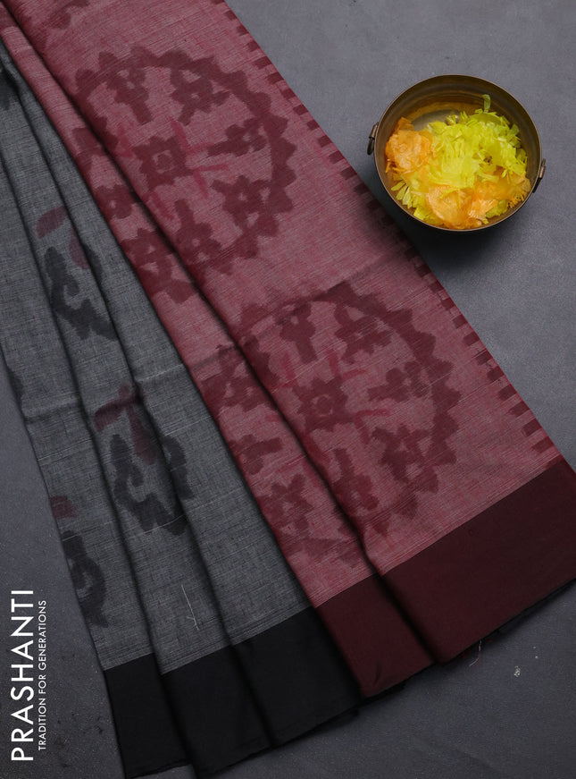 Bengal soft cotton saree grey and maroon with allover butta weaves and simple border