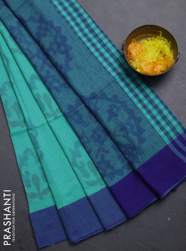 Bengal soft cotton saree teal blue and navy blue with allover butta weaves and simple border