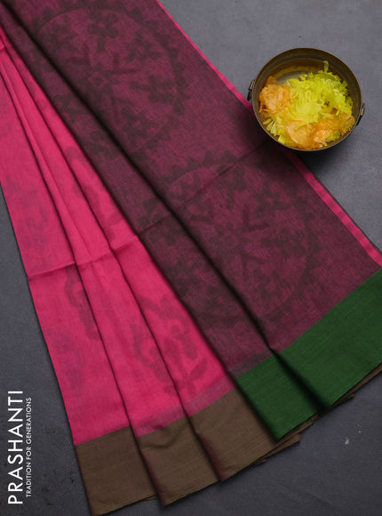 Bengal soft cotton saree peach pink and green with allover butta weaves and simple border