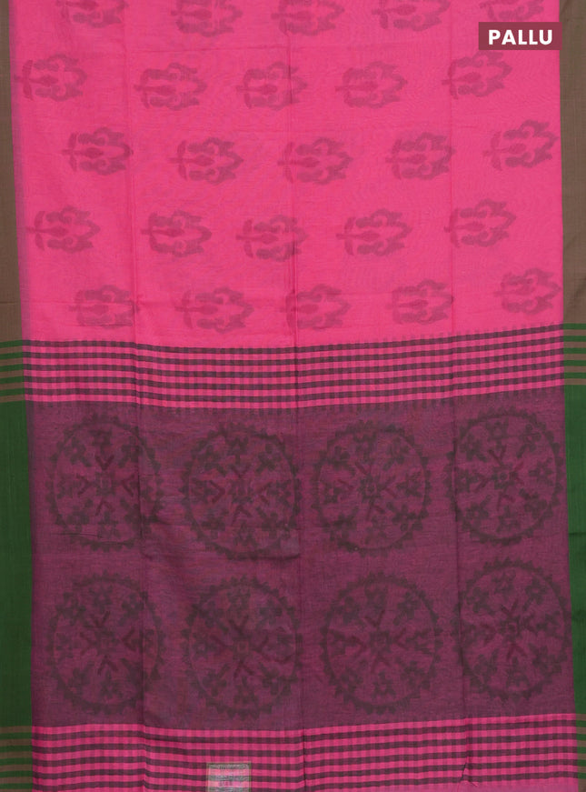 Bengal soft cotton saree peach pink and green with allover butta weaves and simple border