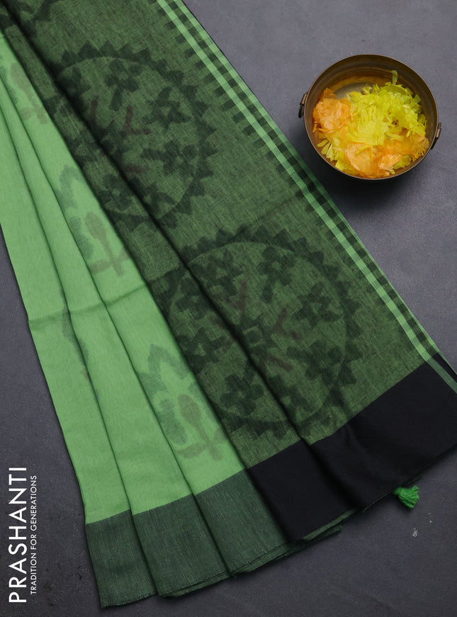 Bengal soft cotton saree teal green shade and black with allover butta weaves and simple border