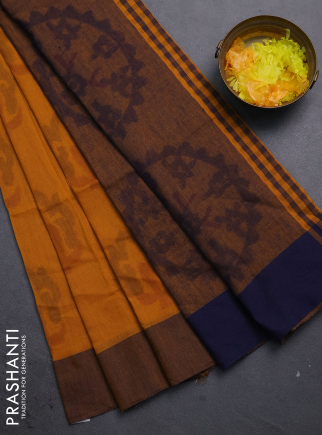 Bengal soft cotton saree dark mustard and black with allover butta weaves and simple border
