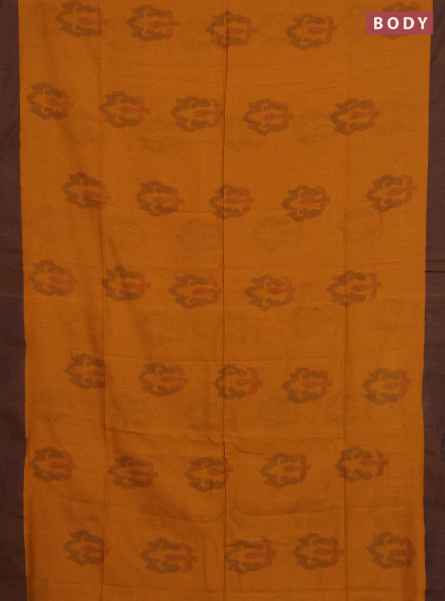 Bengal soft cotton saree dark mustard and black with allover butta weaves and simple border