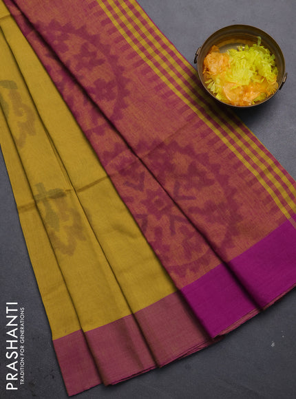 Bengal soft cotton saree mustard yellow and purple with allover butta weaves and simple border