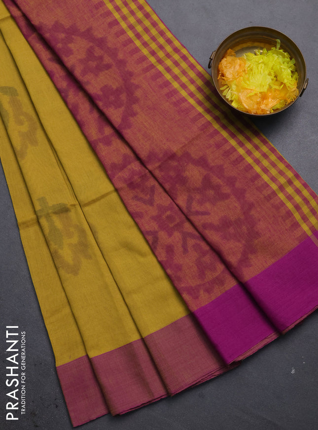 Bengal soft cotton saree mustard yellow and purple with allover butta weaves and simple border