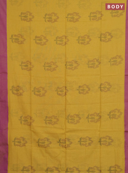 Bengal soft cotton saree mustard yellow and purple with allover butta weaves and simple border