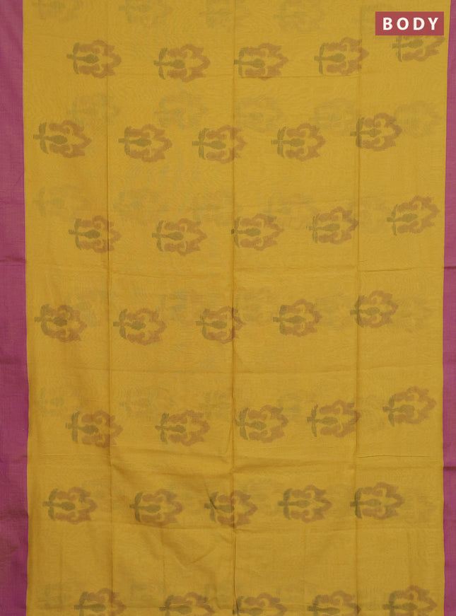 Bengal soft cotton saree mustard yellow and purple with allover butta weaves and simple border