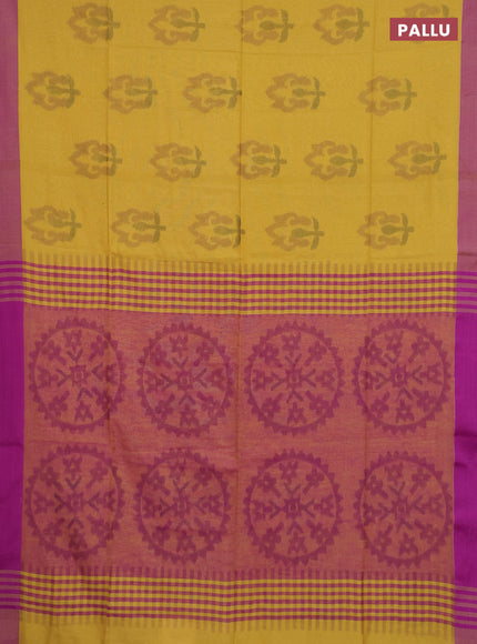 Bengal soft cotton saree mustard yellow and purple with allover butta weaves and simple border