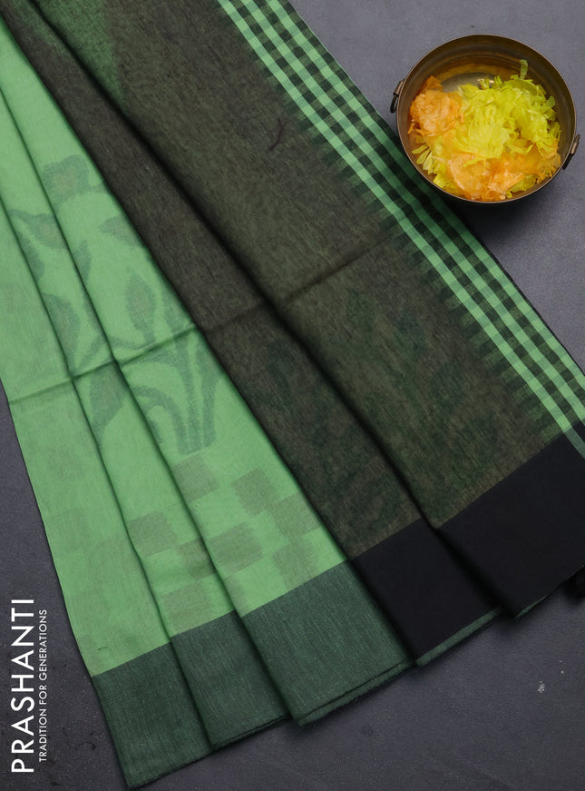 Bengal soft cotton saree pista green and black with allover weaves and simple border