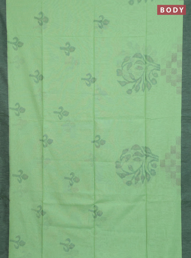 Bengal soft cotton saree pista green and black with allover weaves and simple border
