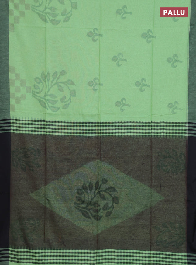 Bengal soft cotton saree pista green and black with allover weaves and simple border